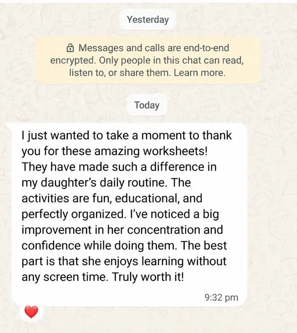 Real customer WhatsApp message thanking us for the worksheets