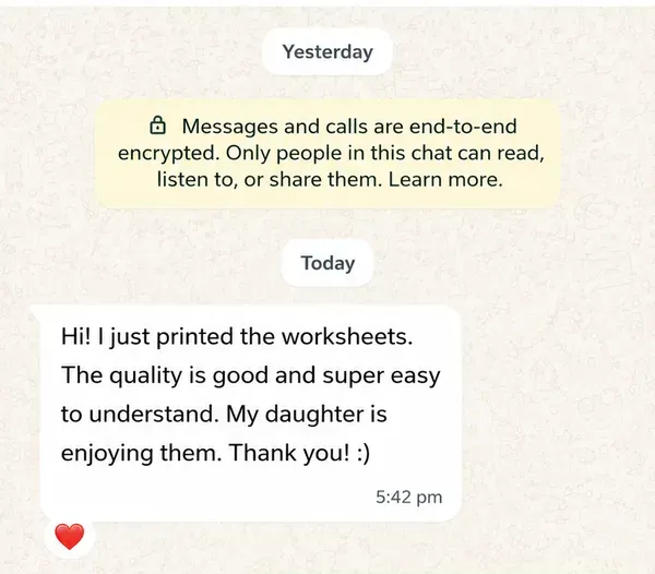 Real customer WhatsApp message about printing the worksheets