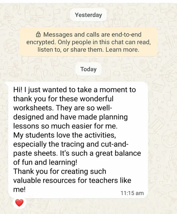 Real customer WhatsApp message from a teacher about the worksheets
